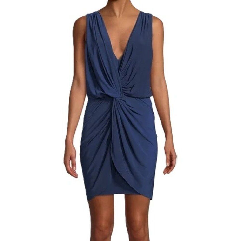 Misa Los Angeles Leza Gathered Crossover Sleeveless Mini Dress Navy Blue M